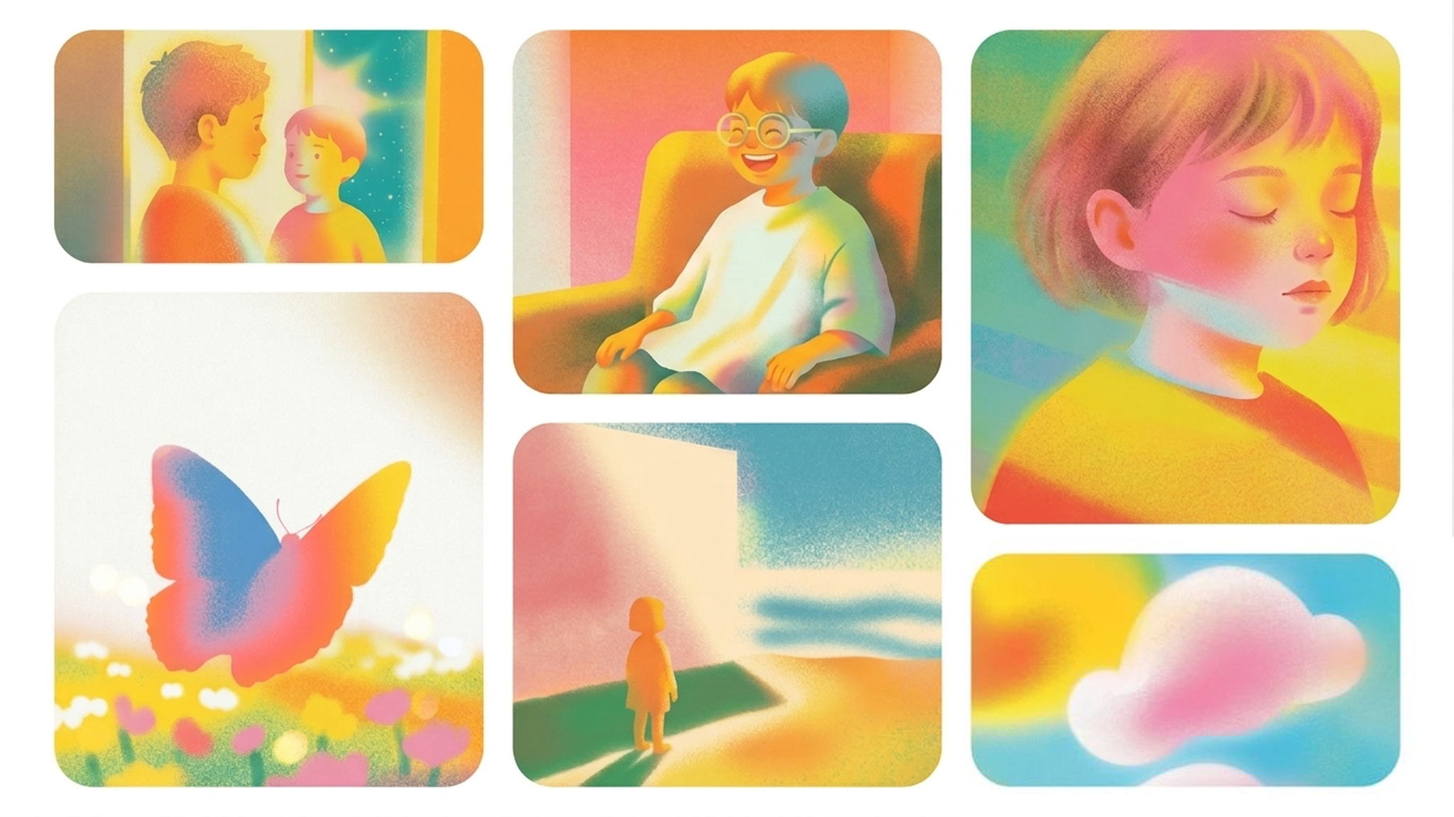 A grid of soft, dreamlike illustrations of children, faces, a butterfly and a figure looking out to sea